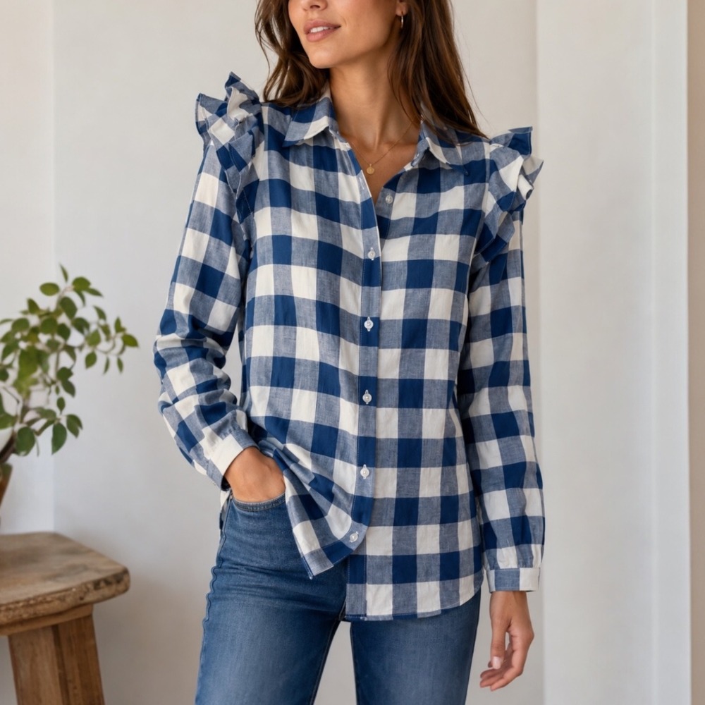 Emerson Fry Sanibel Plaid Shirt XS Warm Blue‎ Gingham Ruffle Cotton Button Down